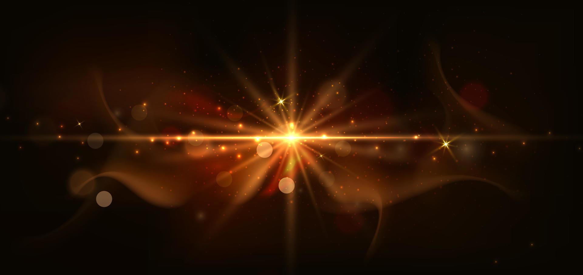 Abstract horizontal bursts of explodint stars on dark brown background with lighting effect and sparkle. vector