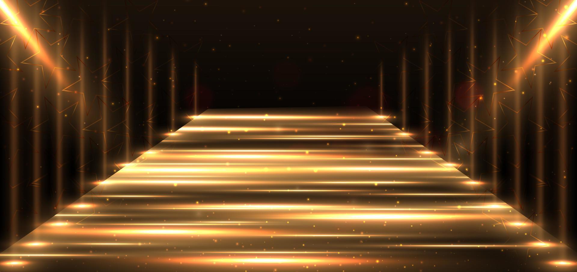 Elegant golden stage horizontal glowing with lighting effect sparkle on black background. Template premium award design. vector