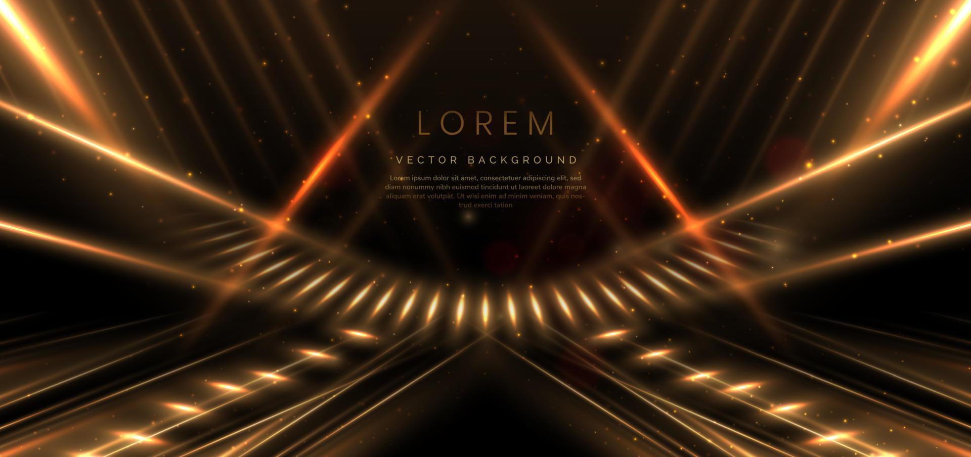 elegante triángulo dorado brillante con efecto de iluminación circular y brillo sobre fondo negro. diseño de premio premium de lujo de plantilla. vector