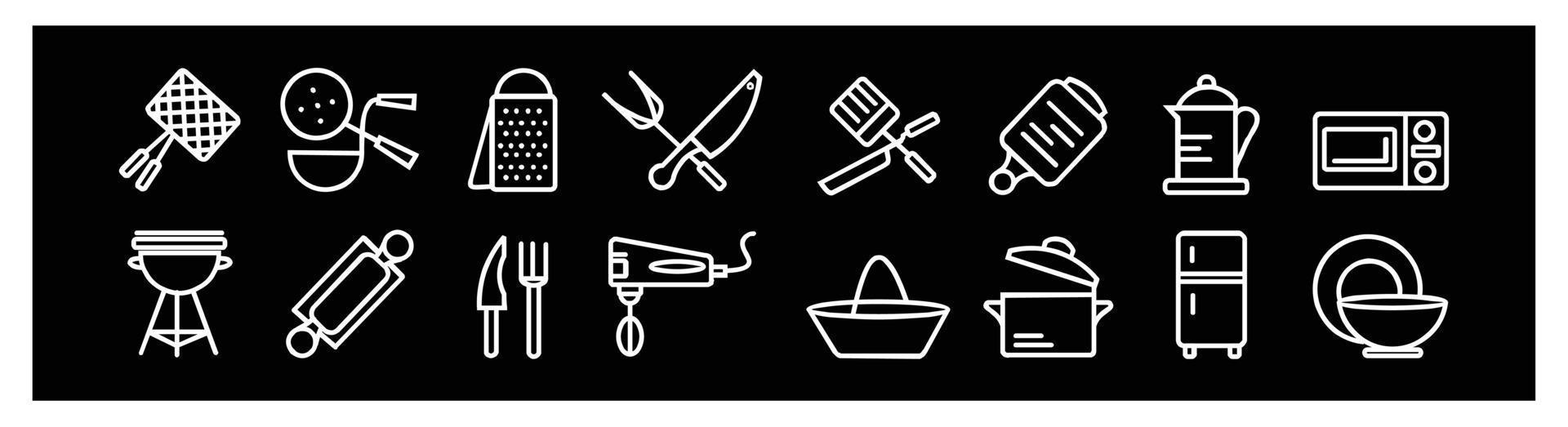 Kitchen tools line icons set, Collections of Kitchen equipment concept.for design on black background. vector