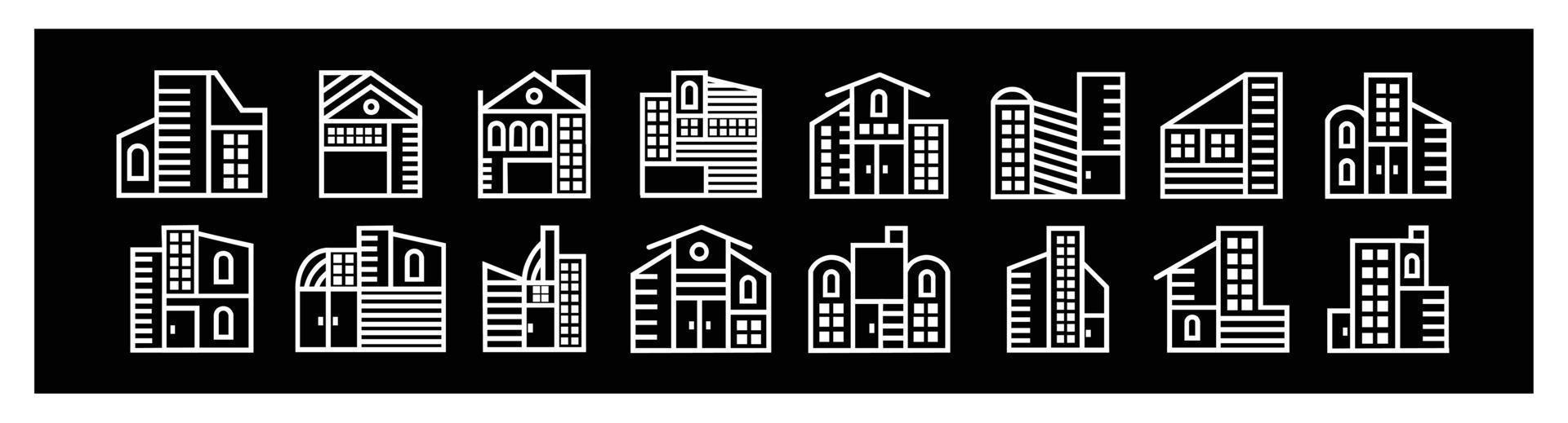 conjunto de iconos de línea de edificios, conjunto de iconos de edificios de arquitectura para el diseño sobre fondo negro. vector