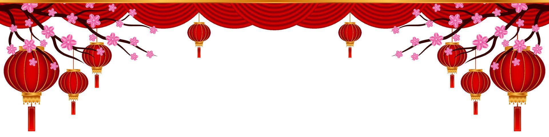 Sakura or cherry blossom flower branch, curtain, and chinese lamp lantern on white background lunar new year concept. Design ornament for printing on cards, invitations vector