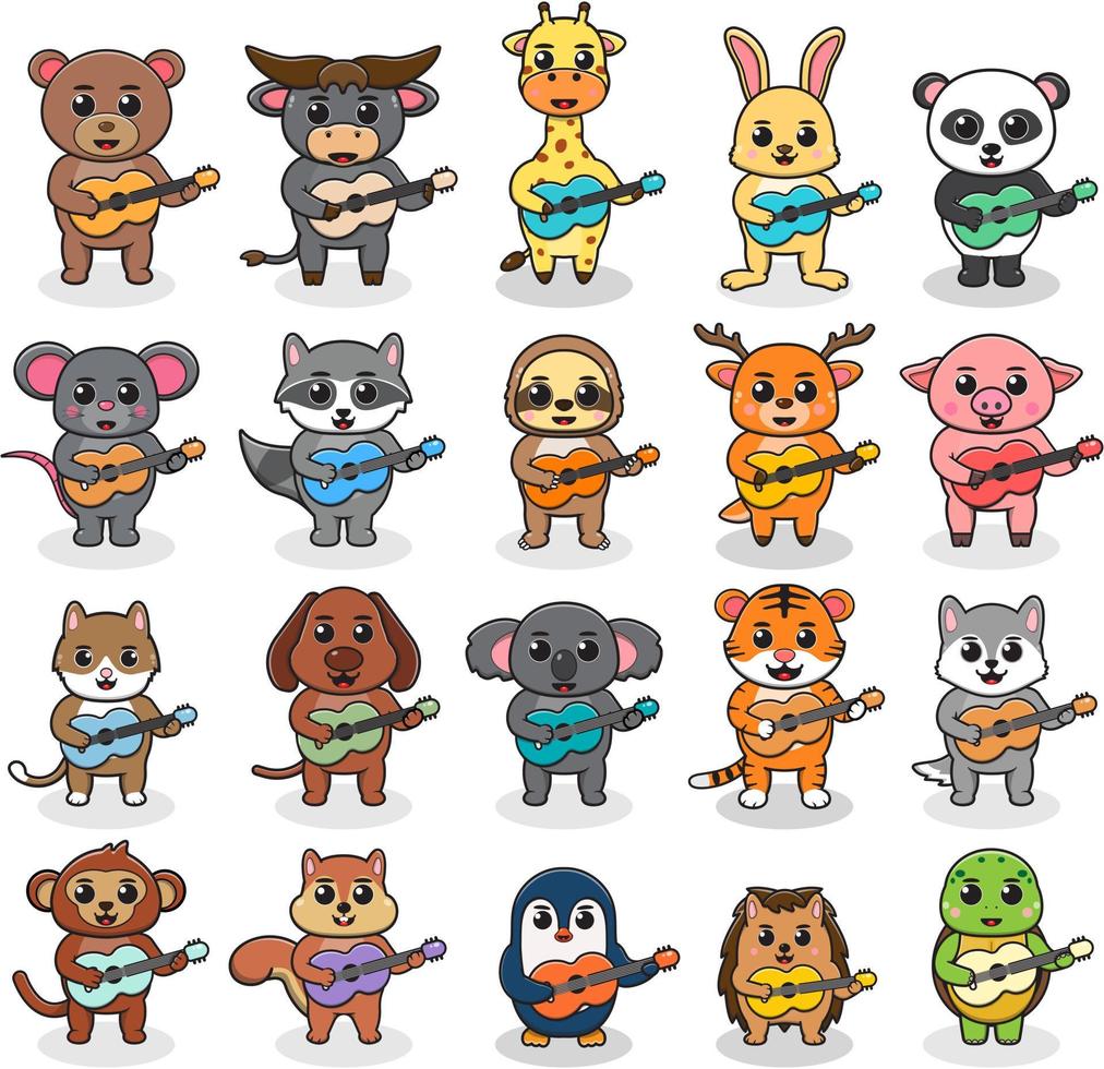 conjunto de lindos animales de dibujos animados con guitarra. colección de vectores animales divertidos. conjunto de ilustraciones con diferentes animales. animales tocando instrumentos musicales. dibujos animados de animales tocan música.