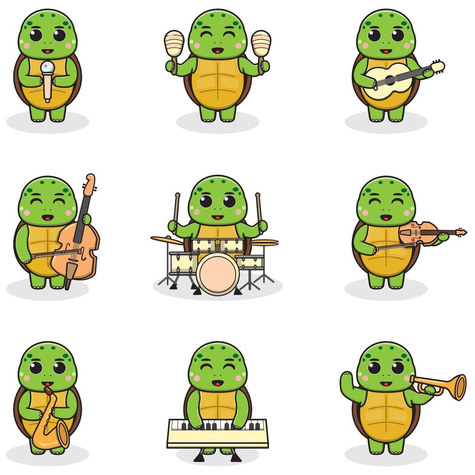 ilustración vectorial de linda tortuga tocando instrumentos musicales. conjunto de lindos personajes de tortuga. dibujos animados de animales tocan música. animales músicos. vector