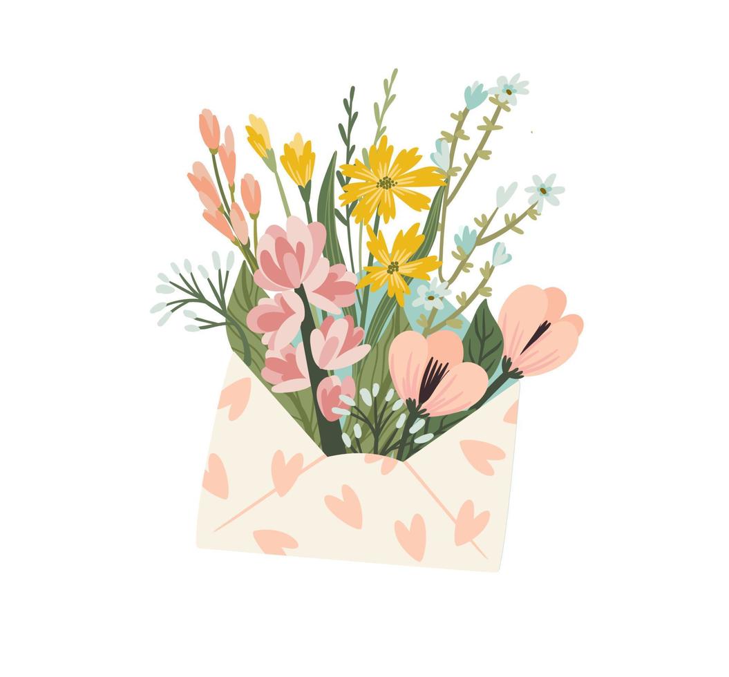 Isolated illustration of flowers in envelope. Vector design concept for Valentines Day and other use.