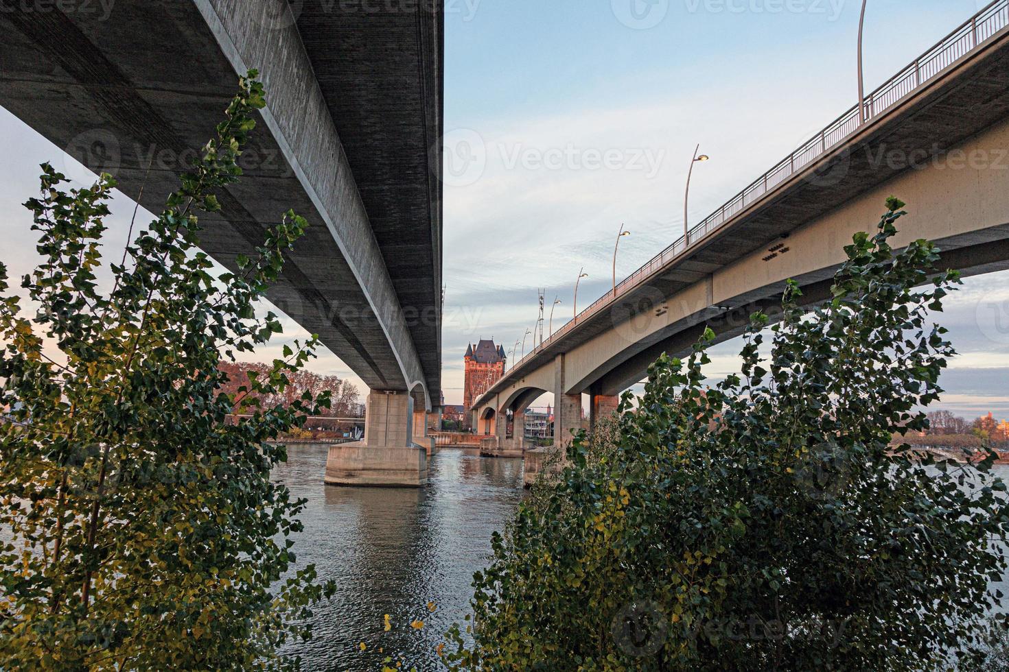 View of the Nibelungen Tower and Nibelungen Bridge in Worms without traffic and people photo