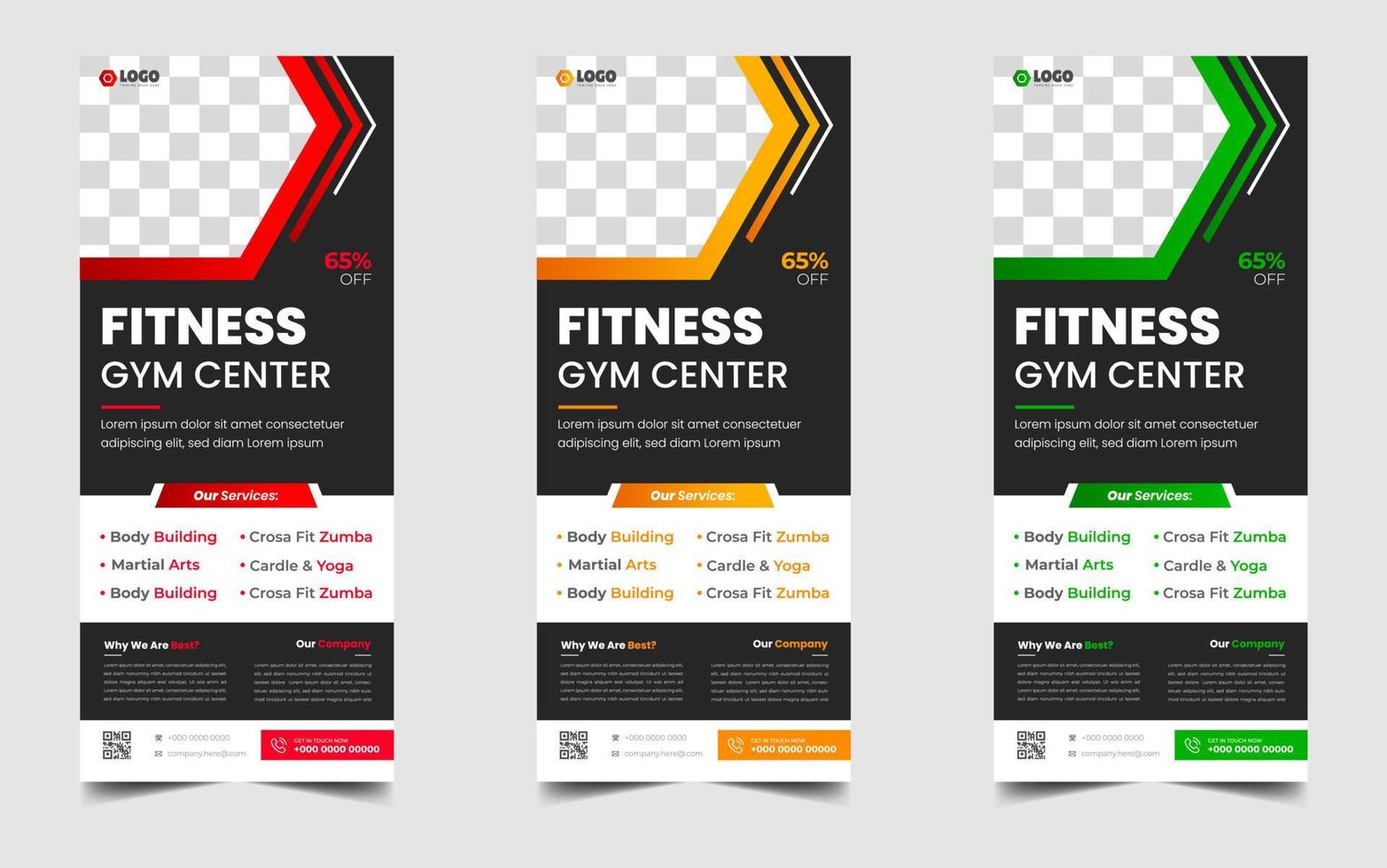 fitness gym roll up banner or stand banner design template with green, yellow and red color. fitness gym corporate business modern rack card and dl flyer design template. vector