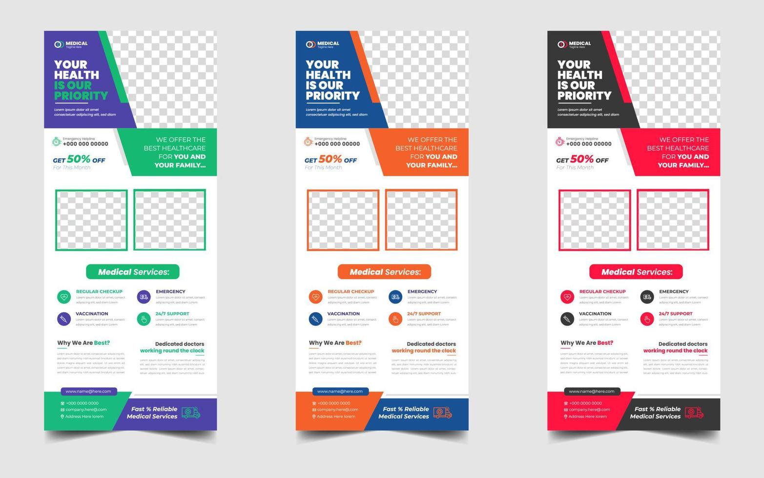 medical doctor healthcare modern rack card and dl flyer. medical doctor healthcare roll up banner design template with blue, green, yellow and red color. vector