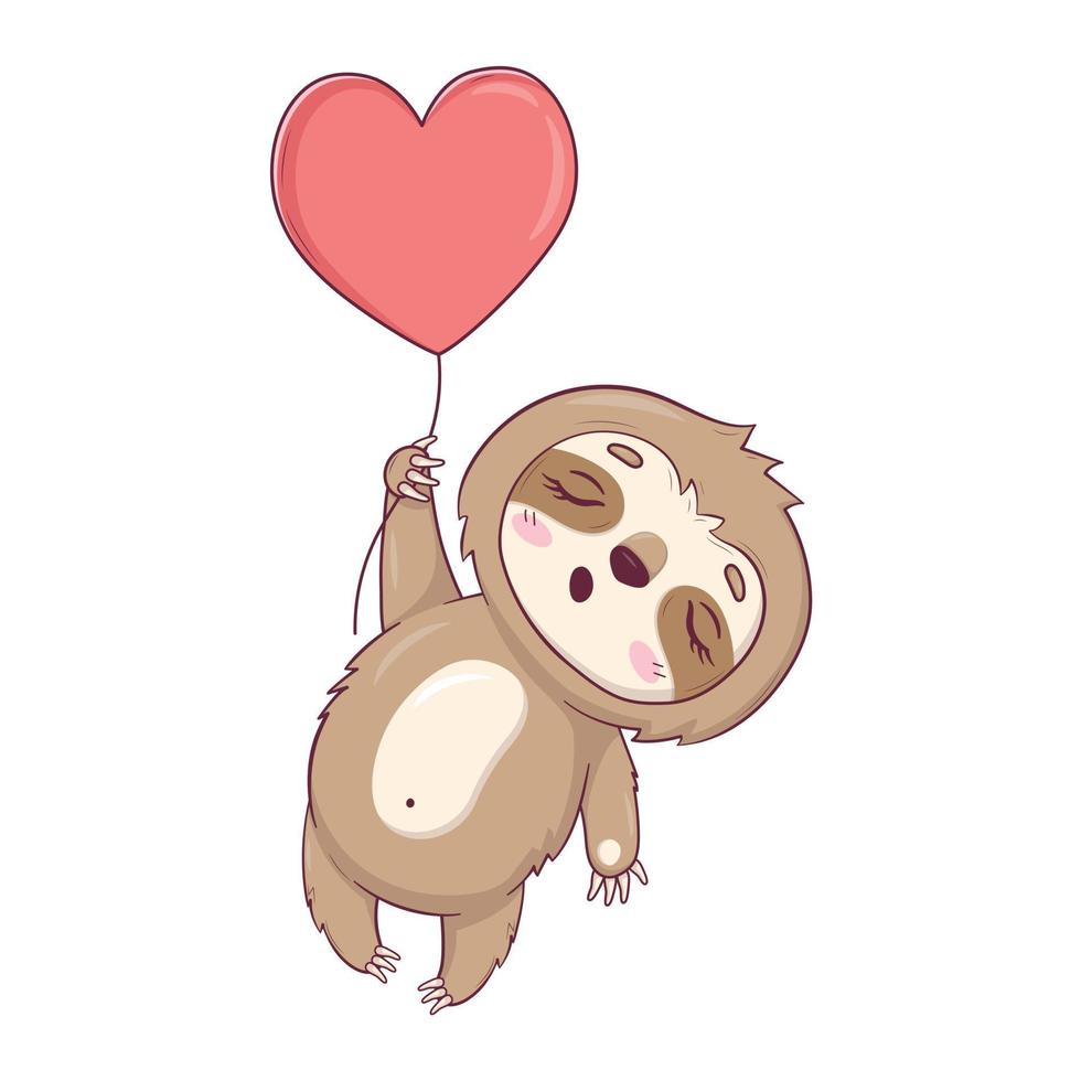 Cute sloth Kawaii character sleeping and flying in a heart-shaped balloon for Valentine's Day vector