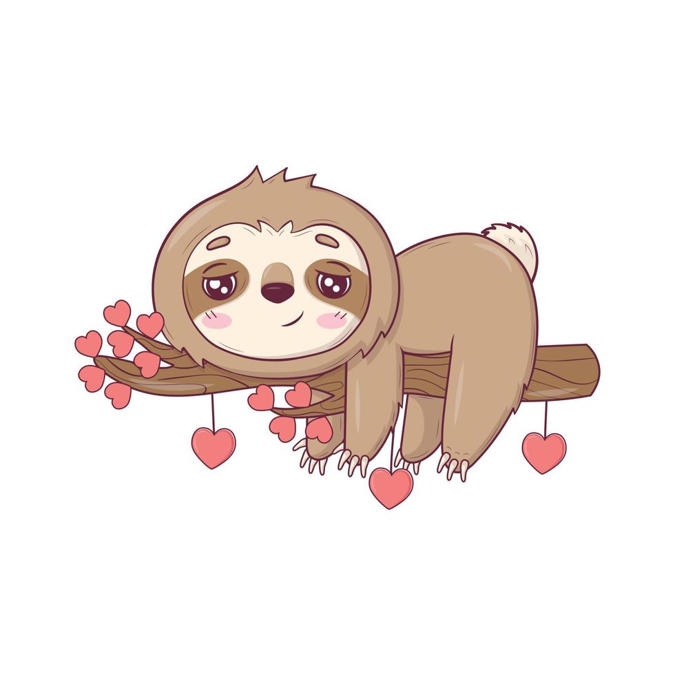 Cute sloth Kawaii character lies on a branch with hearts for Valentine's Day vector