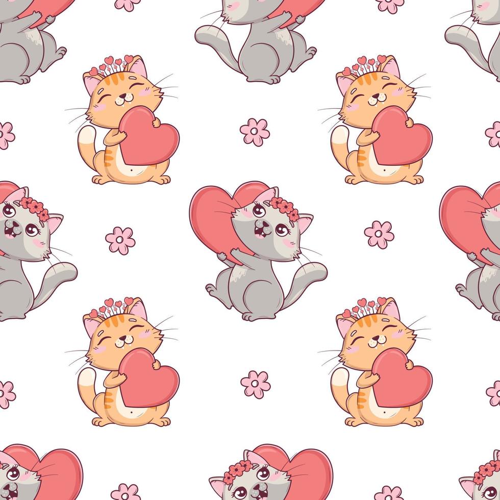 Seamless pattern with kawaii cute valentine cats with hearts and flowers for valentine's day vector