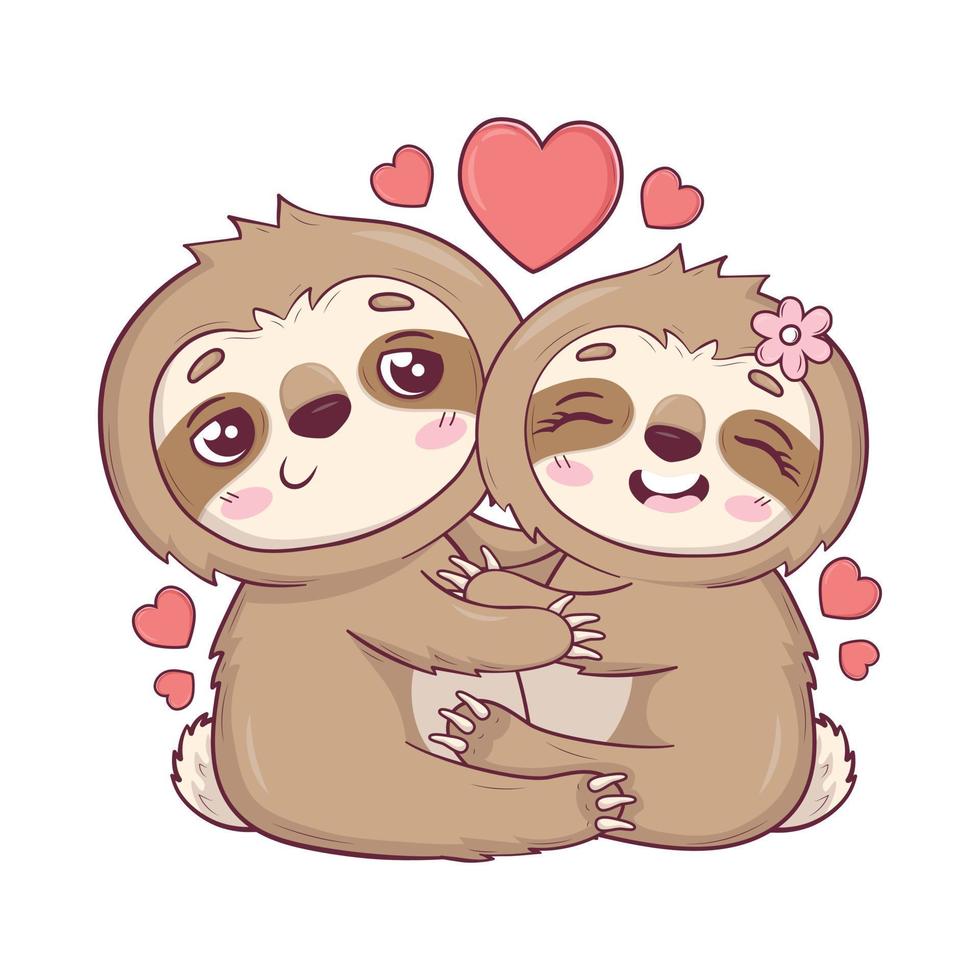 Cute sloths Kawaii character hugging each other in love for Valentine's Day vector