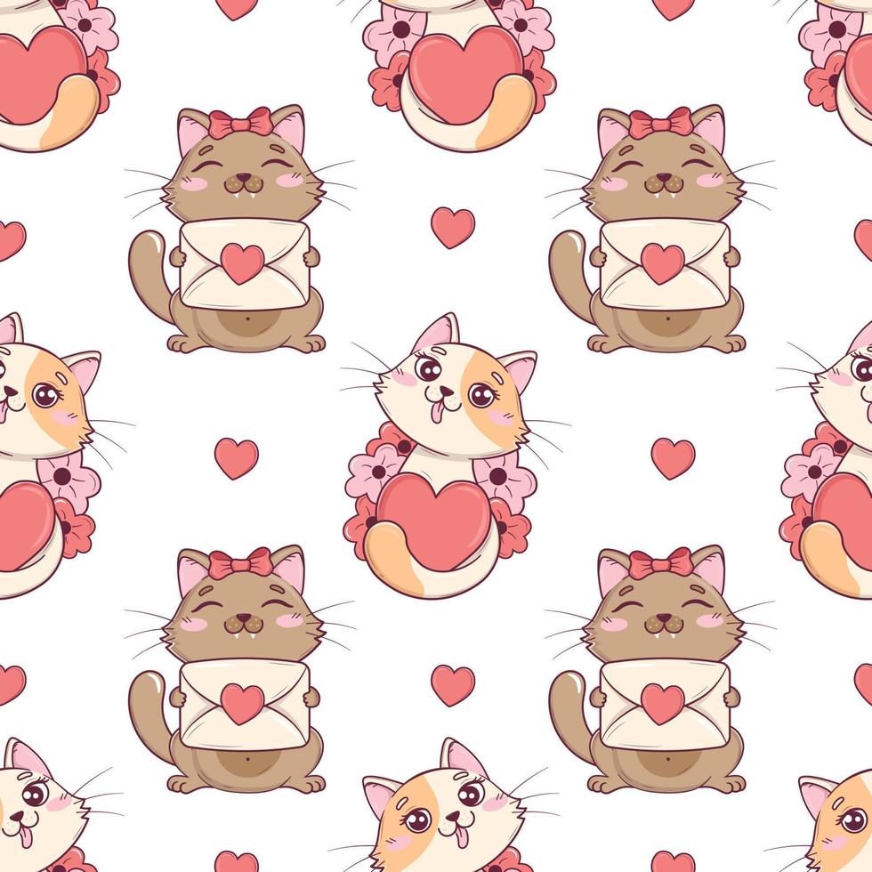 Seamless pattern with kawaii cute valentine cats with hearts and flowers for valentine's day vector