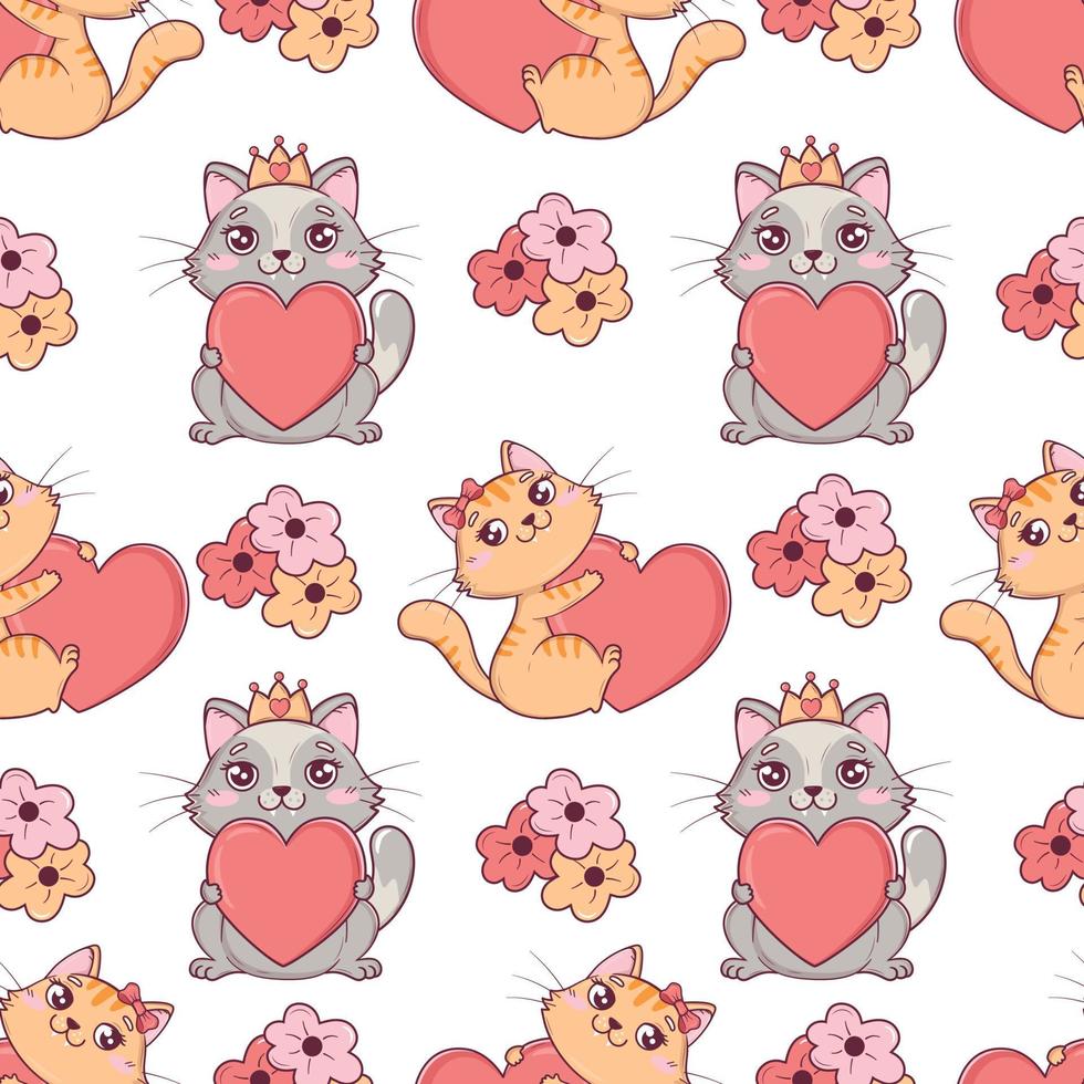 Seamless pattern with kawaii cute valentine cats with hearts and flowers for valentine's day vector