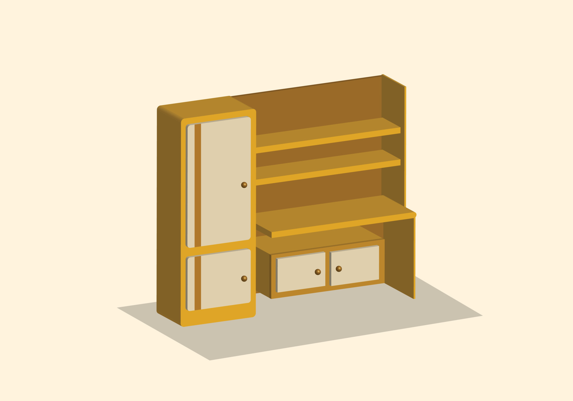 Isometric wooden desk with hutch design concept. Wood furniture design