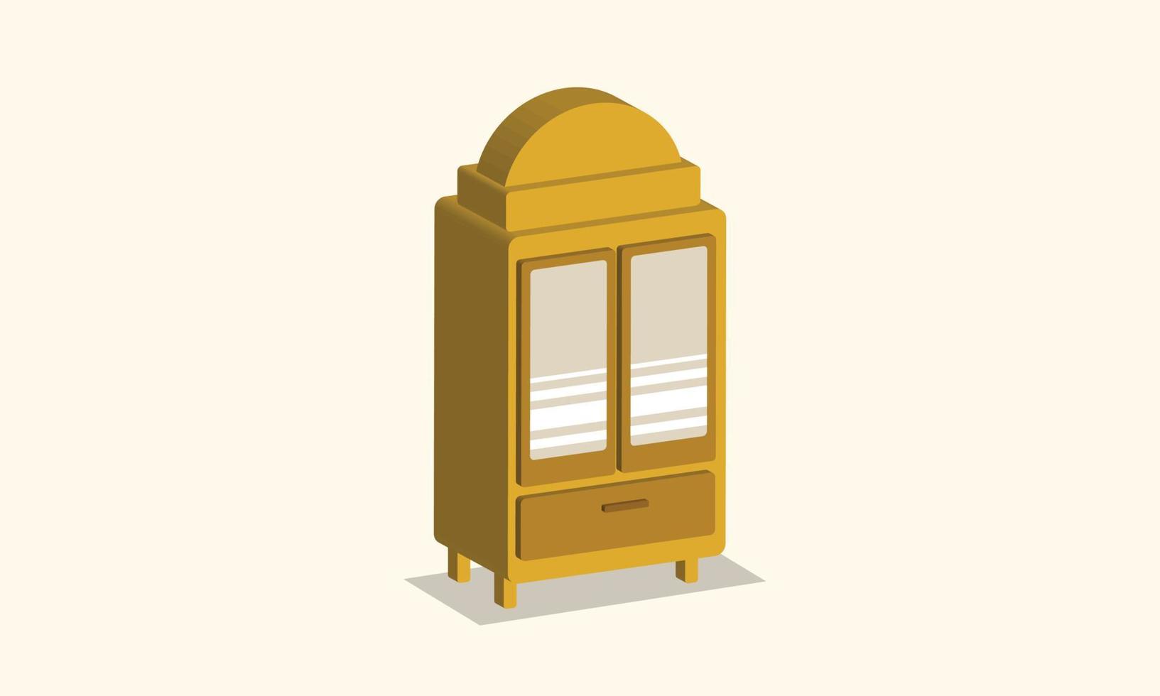 Isometric wooden cupboard with mirror design flat vector illustration. Isometry wardrobe or cabinet graphic design for furniture related design.