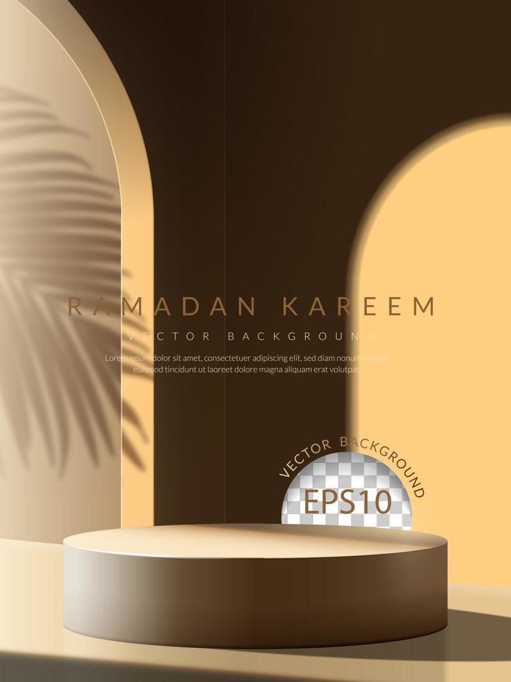 Ramadan kareem background, brown podium with mosque large door. Vector illustration