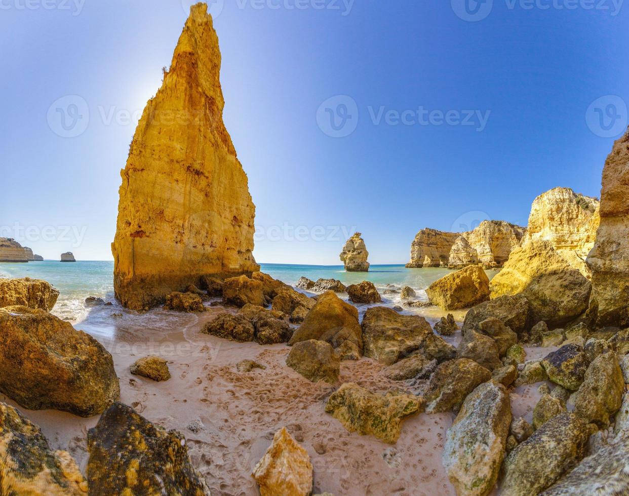 Panoramic view on cliffy Algarve coast in Portugal in summer photo