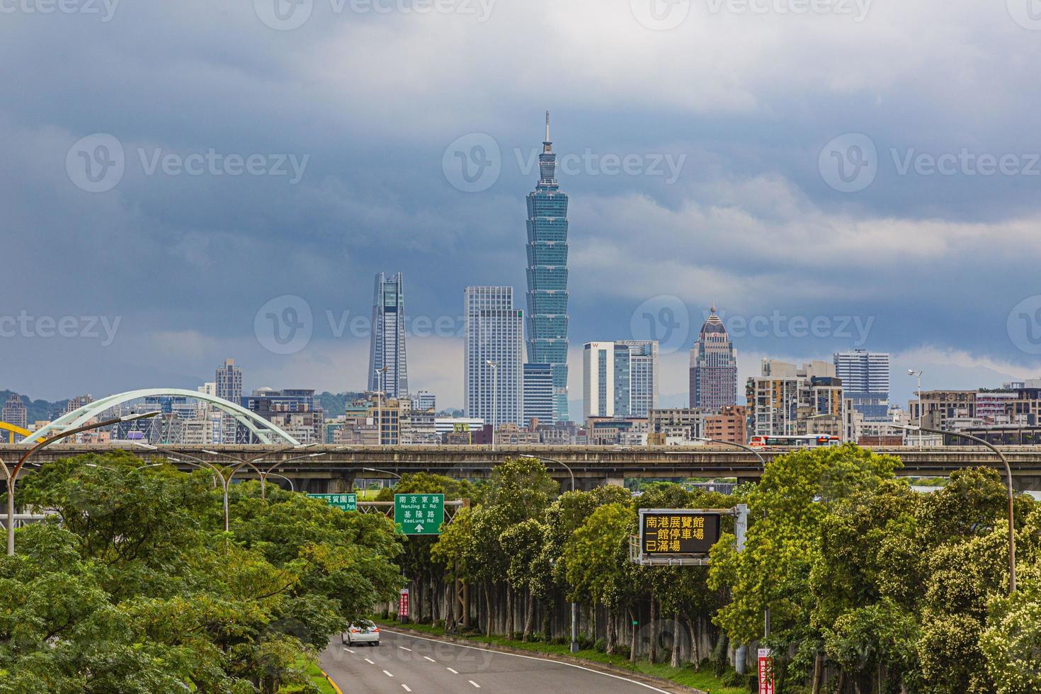 Panoramic picture of the Taipei skyline with cloudy skies during daytime in summer photo