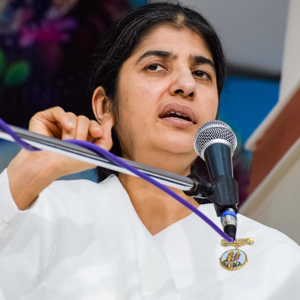 New Delhi, India, October 16 2022 - BK Shivani during meditation session, Shivani Verma, better known as BK Shivani, is a teacher in the Brahma Kumaris spiritual yoga and meditation movement of India photo