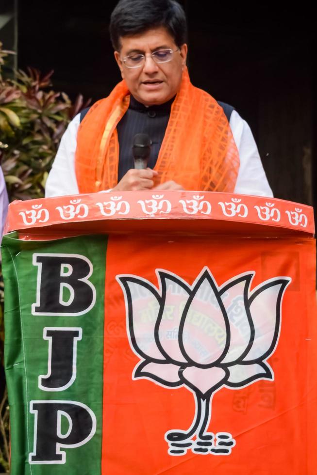 New Delhi, India - November 27 2022 - Piyush Goyal Cabinet Minister and core member of Bharatiya Janata Party BJP during a rally in support of BJP candidate ahead of MCD local body Elections 2022 photo