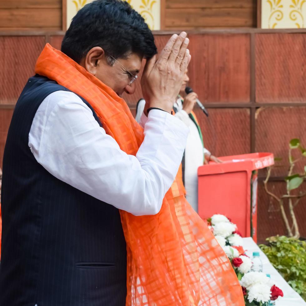 New Delhi, India - November 27 2022 - Piyush Goyal Cabinet Minister and core member of Bharatiya Janata Party BJP during a rally in support of BJP candidate ahead of MCD local body Elections 2022 photo