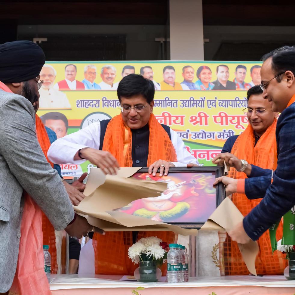 New Delhi, India - November 27 2022 - Piyush Goyal Cabinet Minister and core member of Bharatiya Janata Party BJP during a rally in support of BJP candidate ahead of MCD local body Elections 2022 photo
