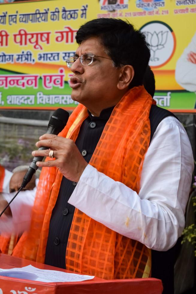 New Delhi, India - November 27 2022 - Piyush Goyal Cabinet Minister and core member of Bharatiya Janata Party BJP during a rally in support of BJP candidate ahead of MCD local body Elections 2022 photo