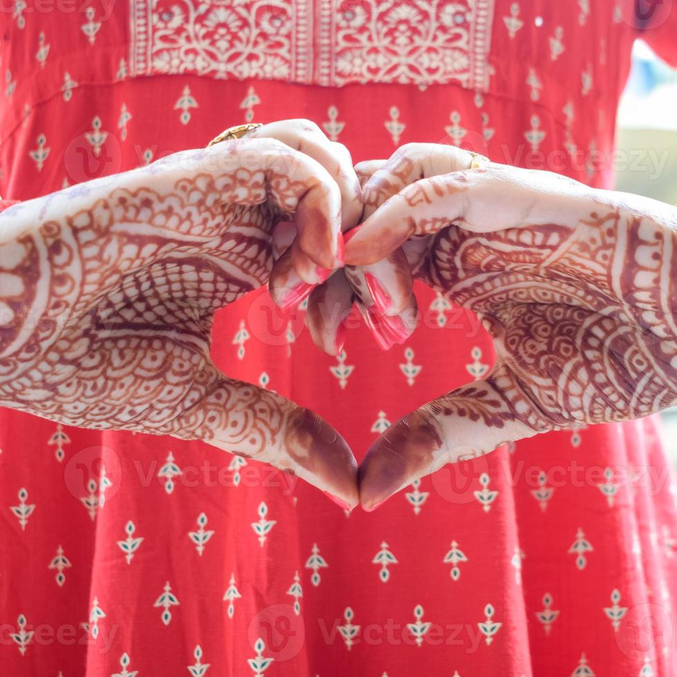 Beautiful woman dressed up as Indian tradition with henna mehndi design on her both hands to celebrate big festival of Karwa Chauth, Karwa Chauth celebrations by Indian woman for her husband photo