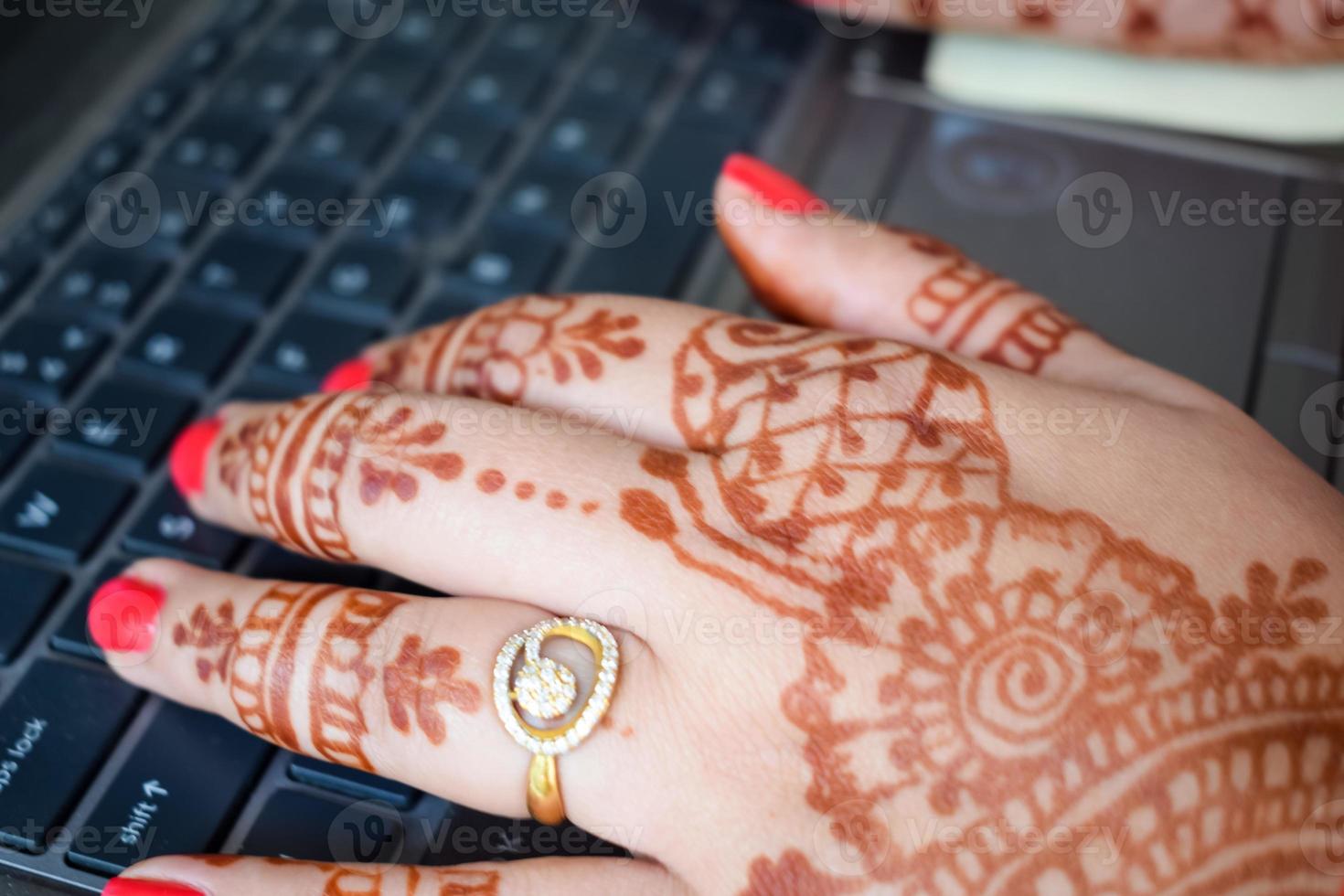 Beautiful woman dressed up as Indian tradition with henna mehndi design on her both hands to celebrate big festival of Karwa Chauth, Karwa Chauth celebrations by Indian woman for her husband photo