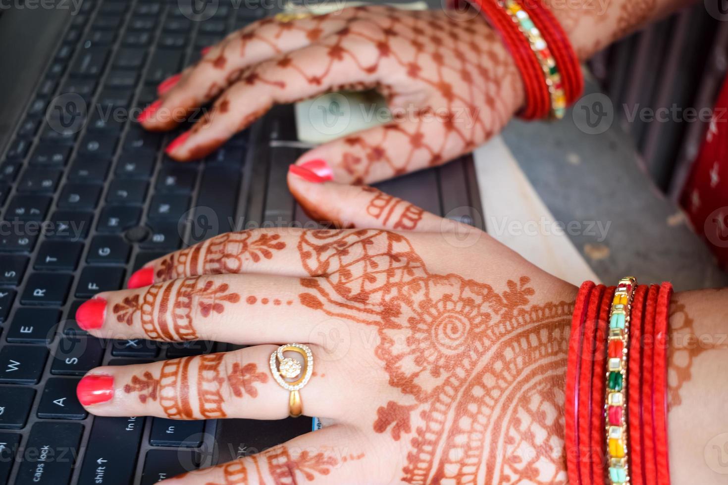 Beautiful woman dressed up as Indian tradition with henna mehndi design on her both hands to celebrate big festival of Karwa Chauth, Karwa Chauth celebrations by Indian woman for her husband photo