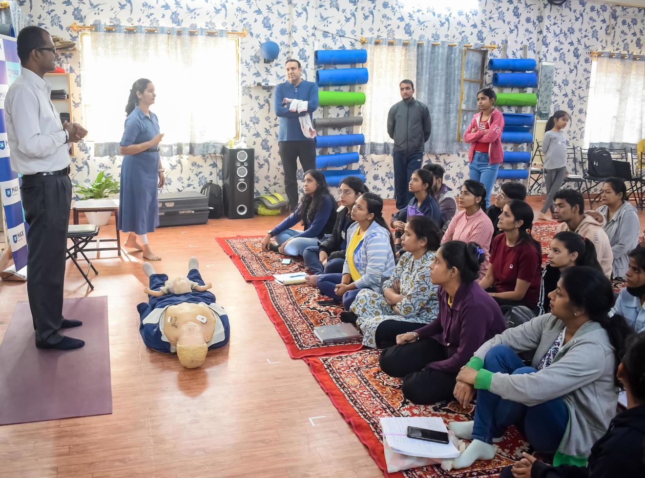 Delhi, India - November 19, 2022 - Human dummy lies on the floor during first Aid Training - Cardiopulmonary resuscitation. First aid course on CPR dummy, CPR First Aid Training Concept photo