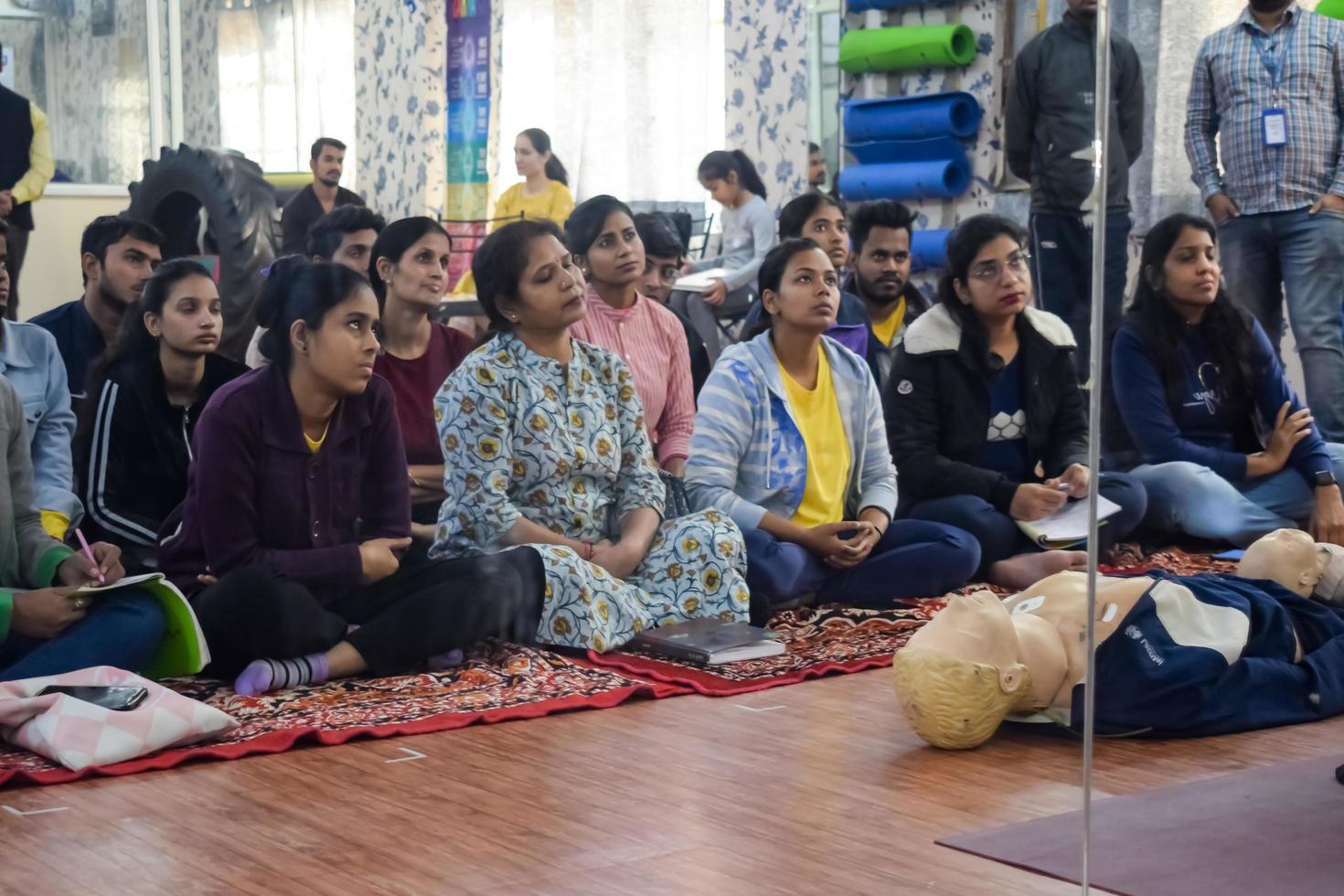 Delhi, India - November 19, 2022 - Human dummy lies on the floor during first Aid Training - Cardiopulmonary resuscitation. First aid course on CPR dummy, CPR First Aid Training Concept photo