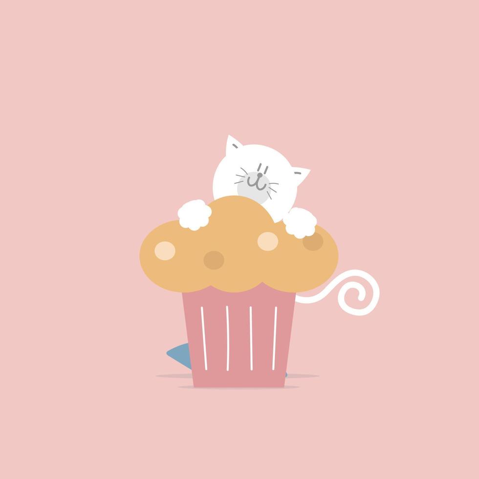 lindo y encantador gato dibujado a mano con cupcake, feliz día de San Valentín, cumpleaños, concepto de amor, diseño de personaje de dibujos animados de ilustración vectorial plana aislado vector