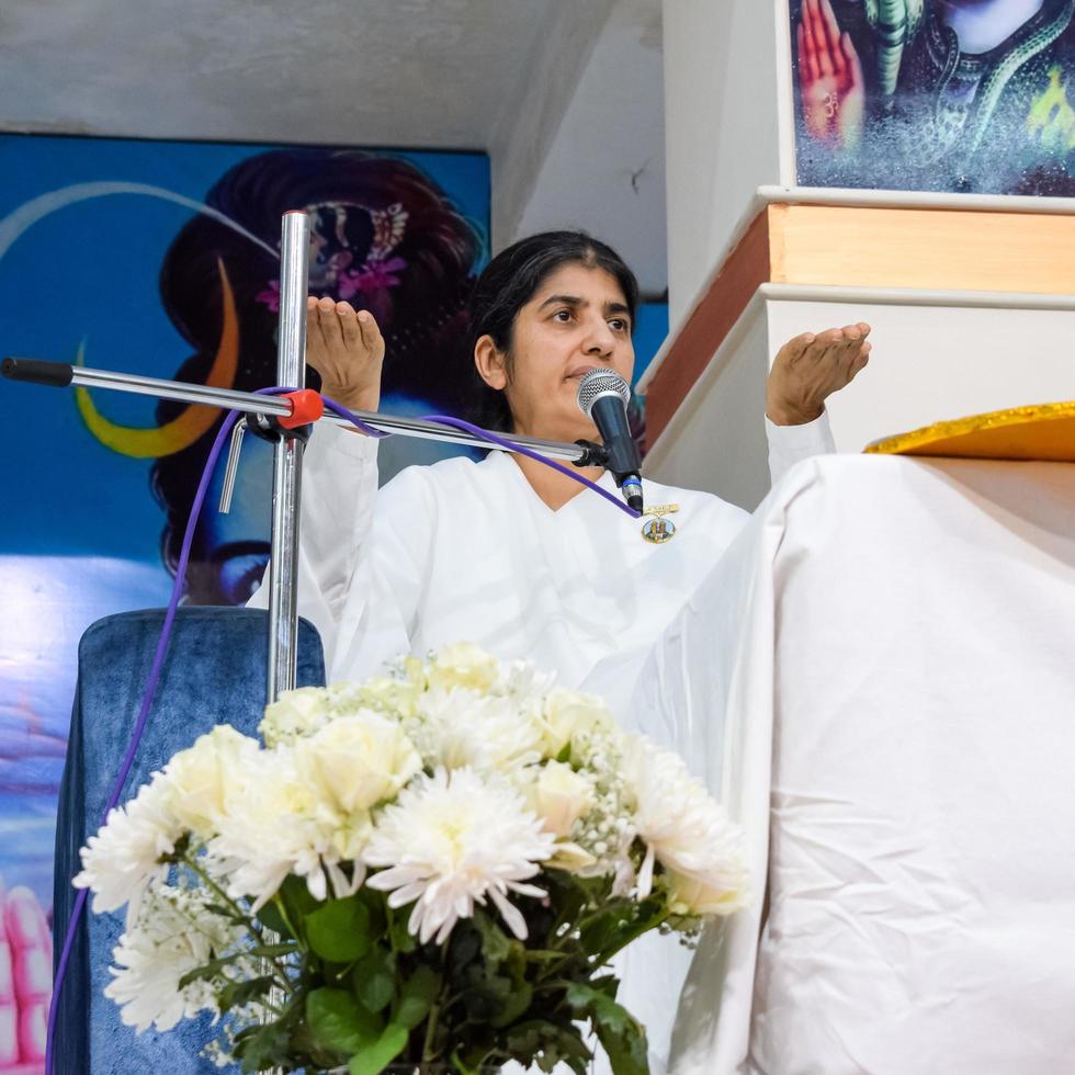 New Delhi, India, October 16 2022 - BK Shivani during meditation session, Shivani Verma, better known as BK Shivani, is a teacher in the Brahma Kumaris spiritual yoga and meditation movement of India photo