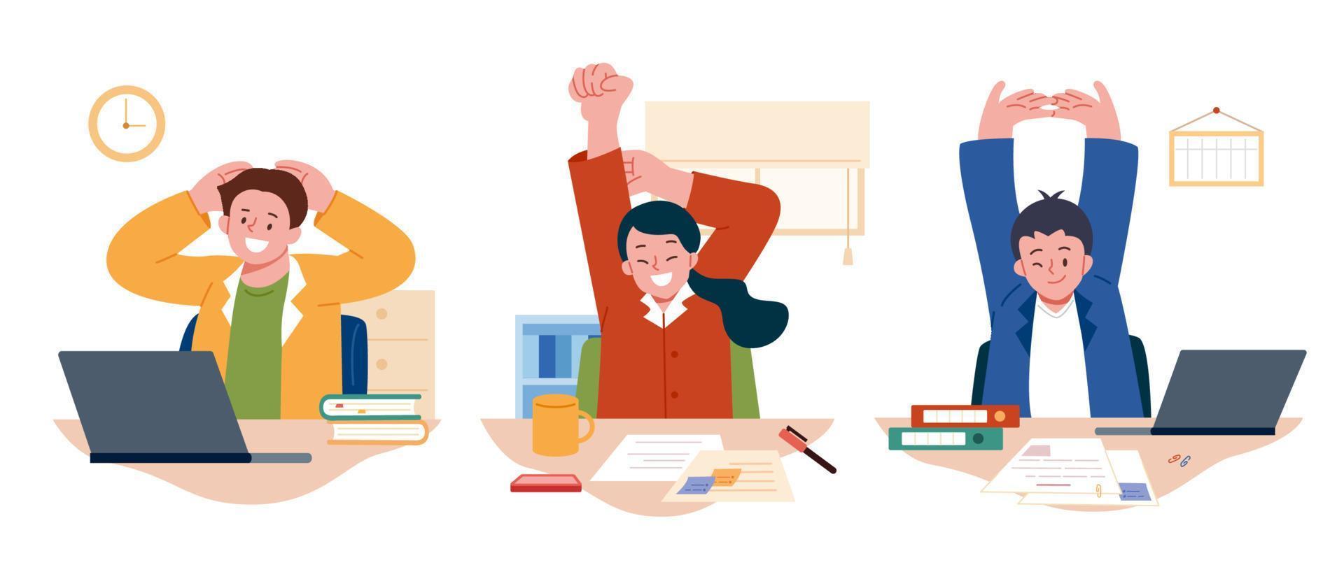 Employees working from home or office stretching and doing small exercises at workplace to get rest and relaxation. Flat style vector of office workers taking break from work and stretching.