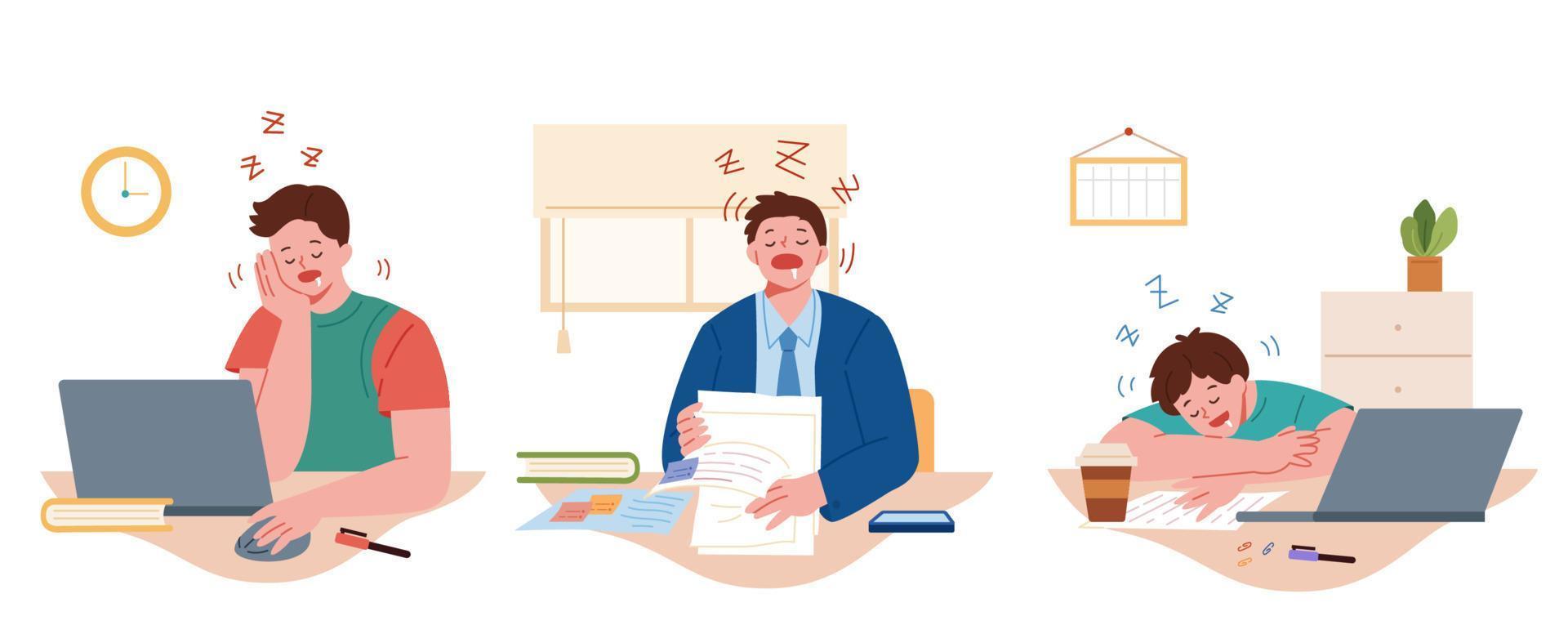 Young workers sitting at desk with documents and laptops feeling sleepy and exhausted at workplace. Flat style illustration of tired workers at office. vector