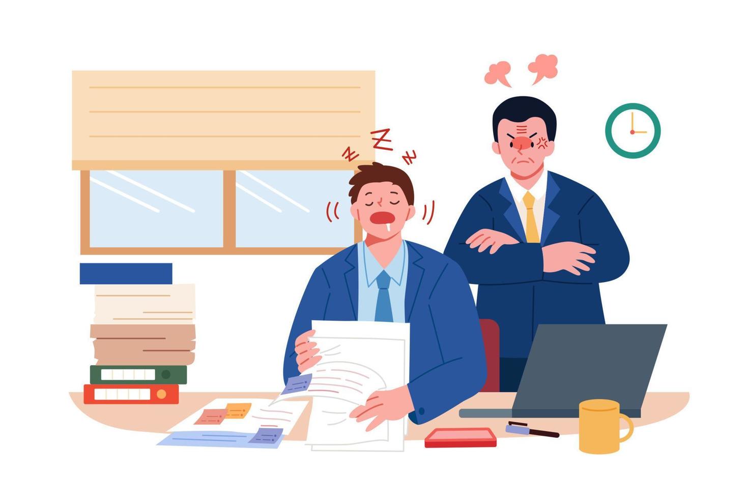 Angry boss looking at lazy male employee working at his desk in office, flat illustration. vector