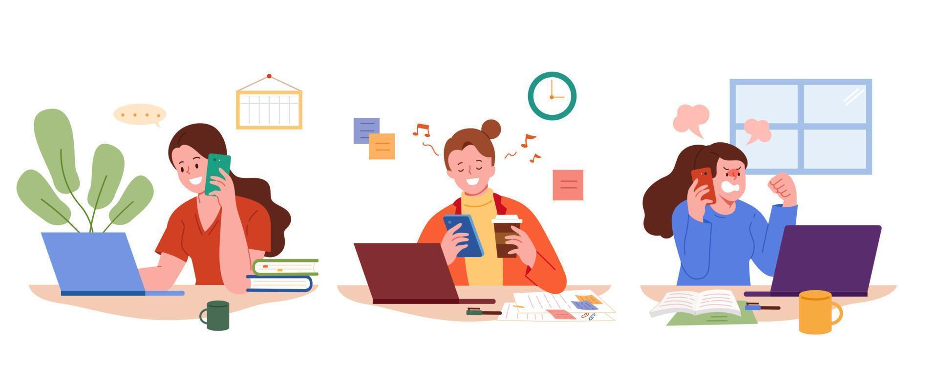 conjunto de empleadas que trabajan en el escritorio de la oficina usando teléfonos móviles. ilustración plana de mujeres con diferentes expresiones en el lugar de trabajo mientras trabajan en el cargo. vector