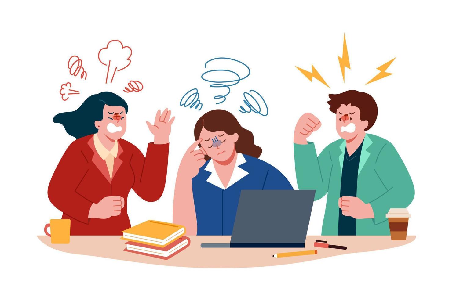 Office colleagues arguing and shouting with a woman sitting at her desk. Flat illustration of relationship problem in colleagues or coworkers. vector