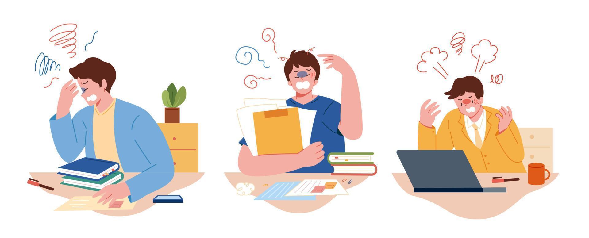 Set of business man and office syndrome symptoms. Flat style illustration of men having headache working in office. vector