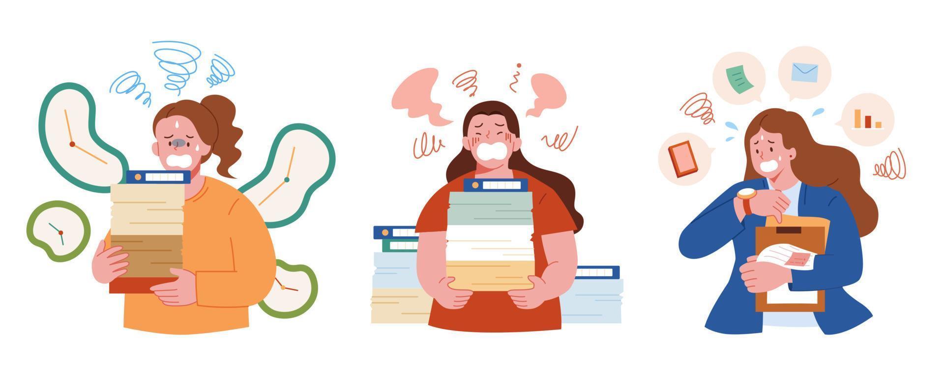Set of unhappy frustrated women cartoon characters with stack of working documents, flat illustration. Worker feeling stress, crying and worried with lot of work. vector