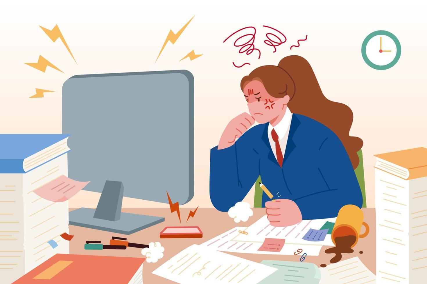 Stressful work, Stress at workplace. Unhappy businesswoman sitting at desk looking at computer monitor, flat vector illustration.