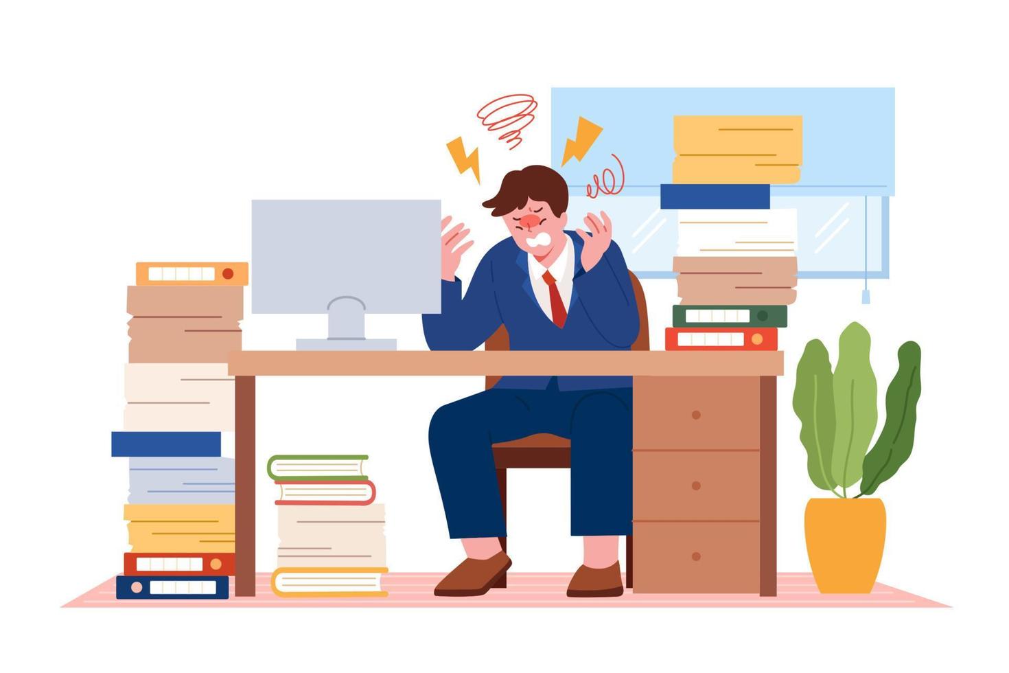 Frustrated and angry businessman at his workplace. Flat illustration of stressed entrepreneur at his desk. vector