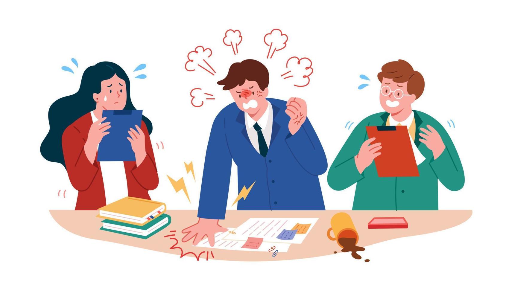 Angry boss dissatisfied with the work of employees, flat illustration. vector