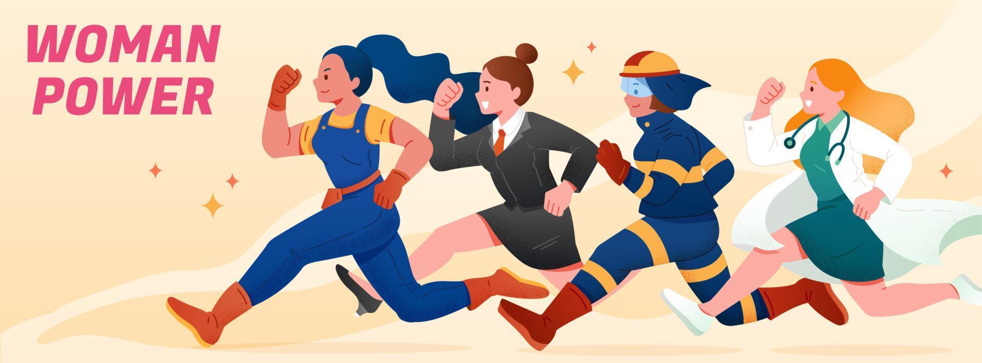 Flat illustration of women in different professions character running. Lawyer, technician, firefighter and doctor running. vector