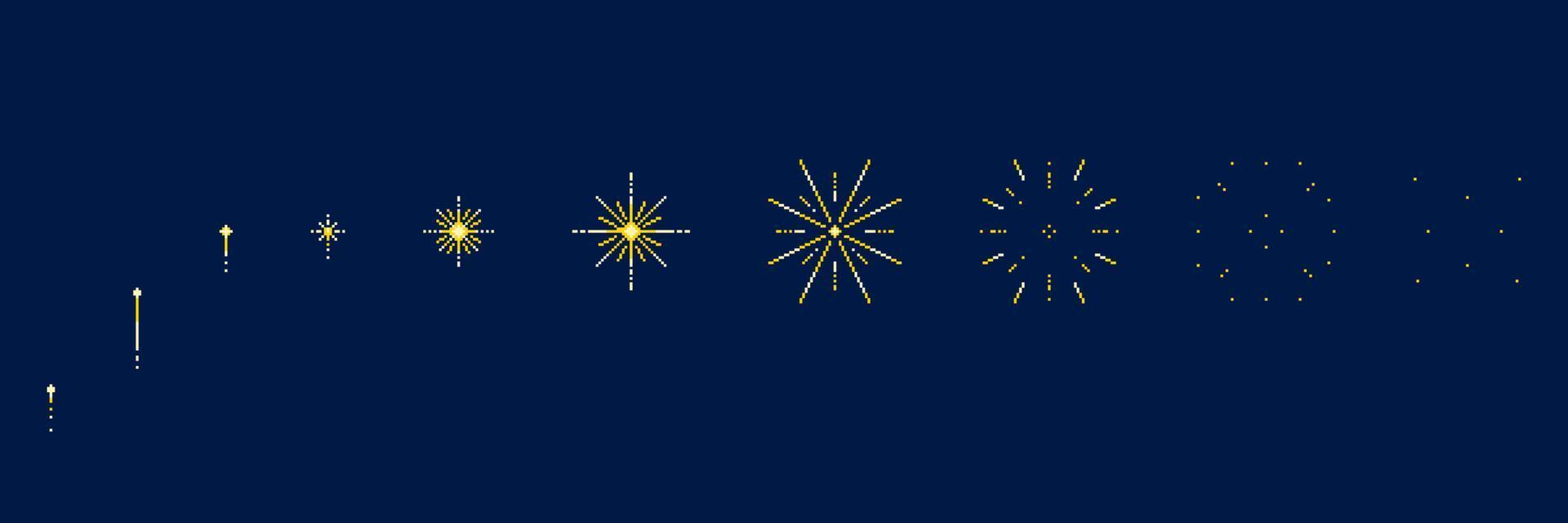 Stages of yellow fireworks explosion in pixel art style vector