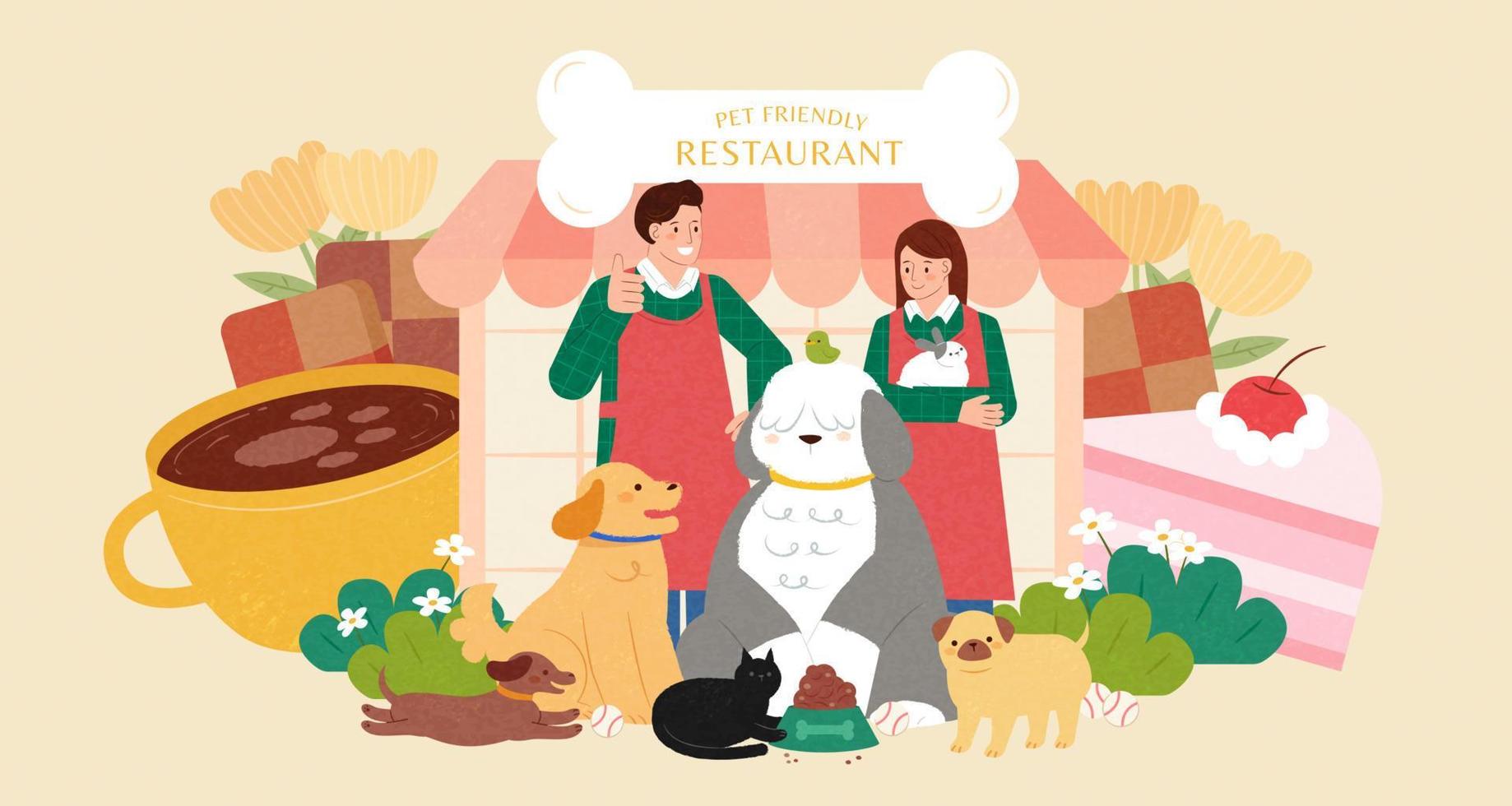 Pet friendly restaurant. Flat illustration of pet friendly cafe owners welcoming different types of domestic animals to visit at the entrance vector