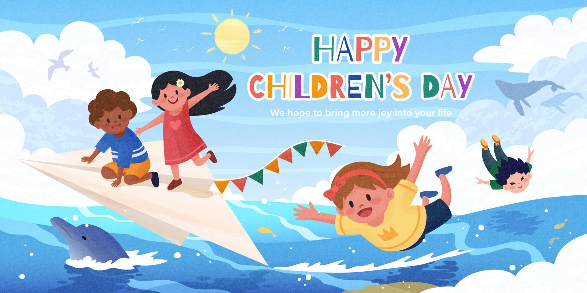 Illustration of two kids riding a paper airplane and other kids soaring through the surface of ocean as celebrations for Children's Day vector