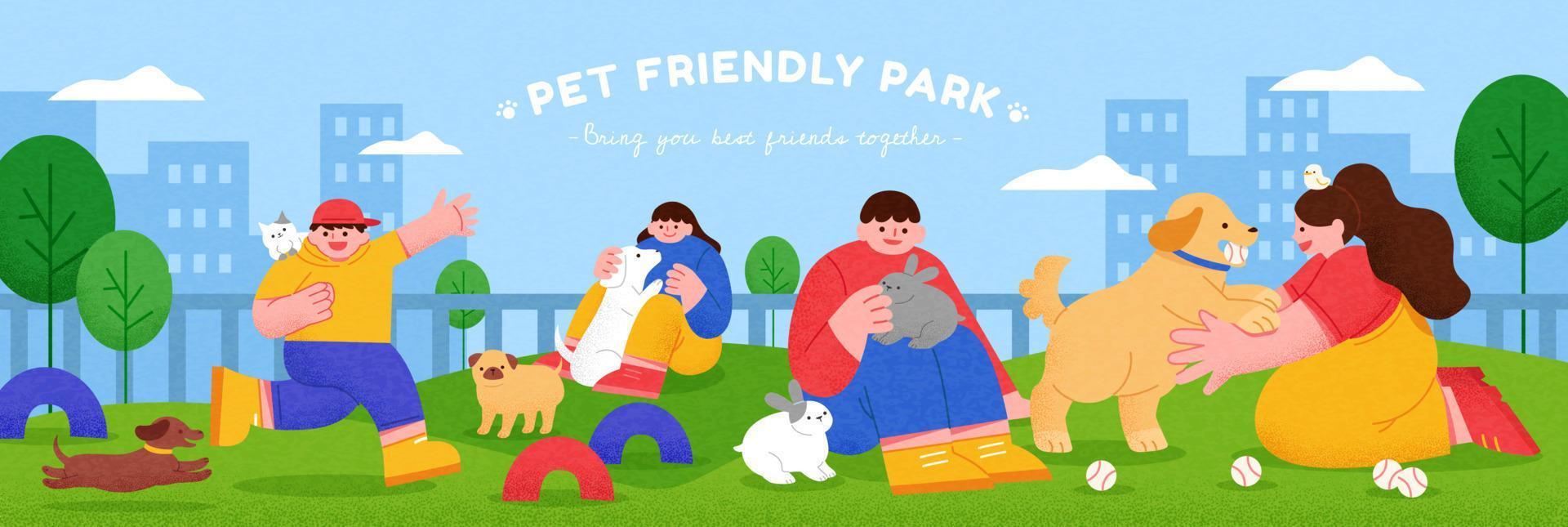 Flat illustration of pet owners taking their dogs, cats, and rabbits  to a pet friendly park in the city which has broad field and obstacles for them to do various outdoor activities vector